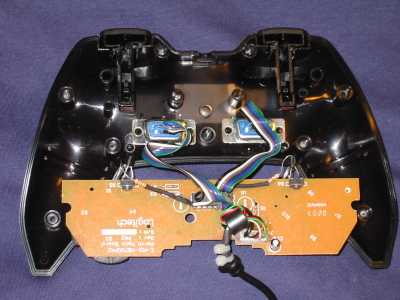 Component
side of the circuit board of the modified Logitech WingMan Precision
USB controller